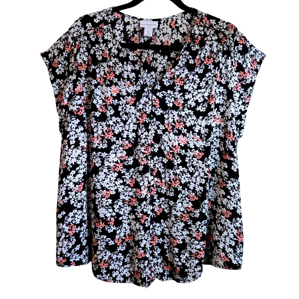 Liz Claiborne Women's XL Cottage Floral V-Neck Blouse Black Coral Button Front
